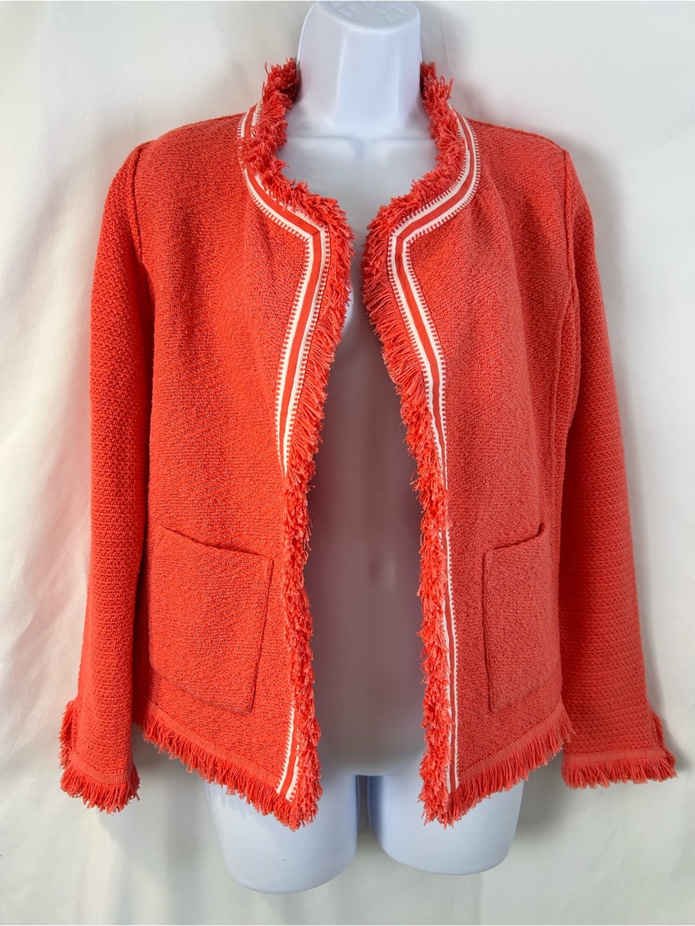 NIC+ZOE Petite Small Coral Fringe Ribbon Trim Knit Jacket